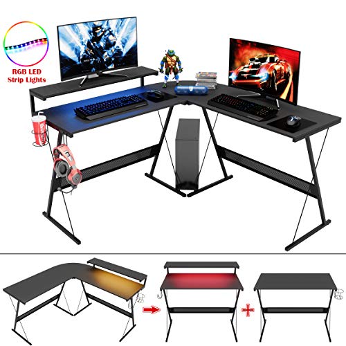 Carbon Fiber Black L Shaped Gaming Desk with LED, 55 Inch R89352