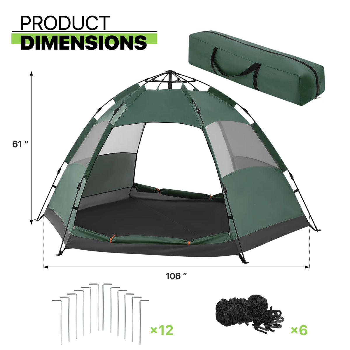 Large 4 Person Double Layer Camping Tent with Carry Bag, Green O715