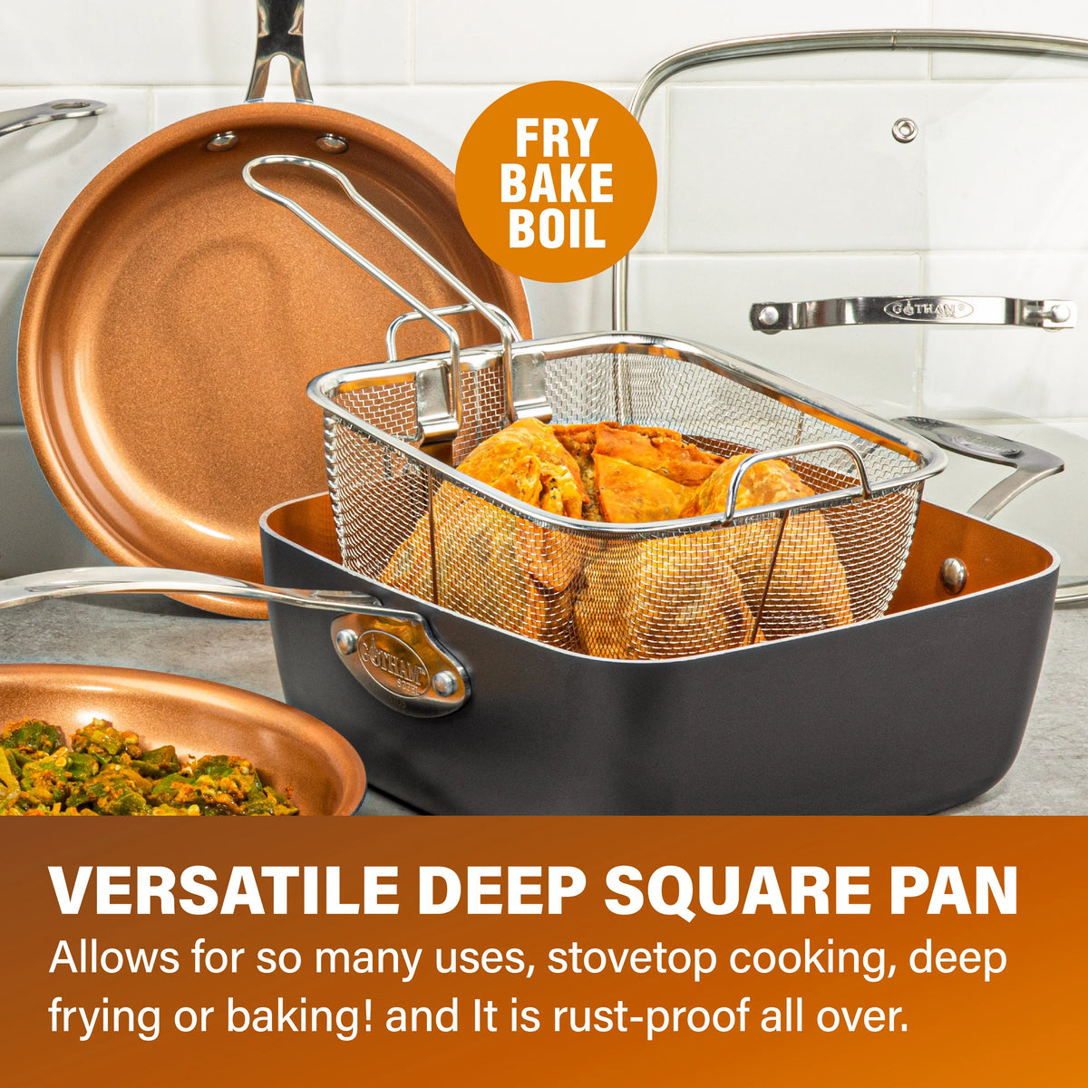 6 Quart Nonstick Copper Casserole Chef’s Pan & Stock Pot 4 Piece Set with Frying Basket and Steamer Tray J548879