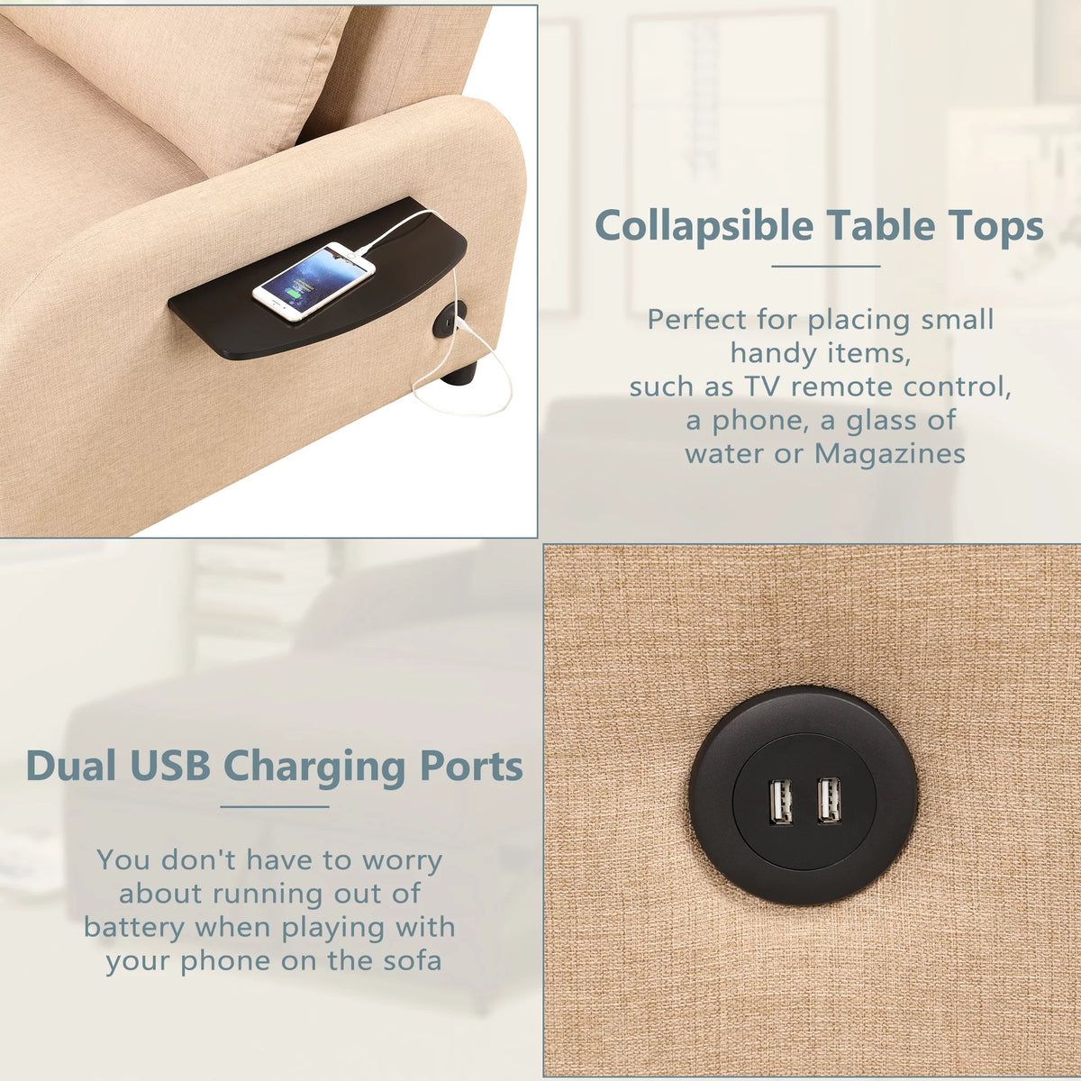 Beige 3 in 1 Pull Out Sofa Sleeper with 2 Wing Table and USB Charge E530867