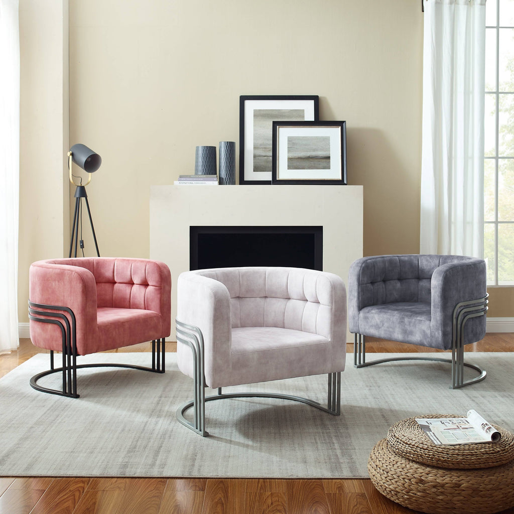 Beige Velvet Tufted Curved Back Barrel Accent Chair Q38179