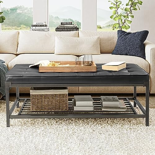Tufted Leather Padded 2-Tier Coffee Table Ottoman R1535