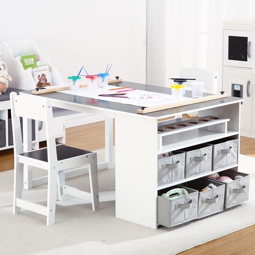 Kids Art Table and Chairs Set with Storage Desk and Art Supply Organizer V1555