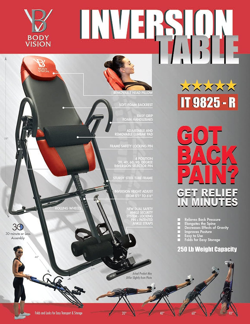 Red Heavy Duty Inversion Table with Removable Head Pillow & Lumbar Support Pad V797166