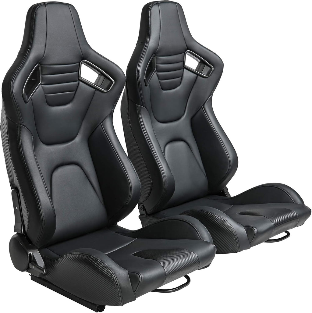 Pair of PVC Leather Racing Bucket Seats with Dual Sliders, Black F416