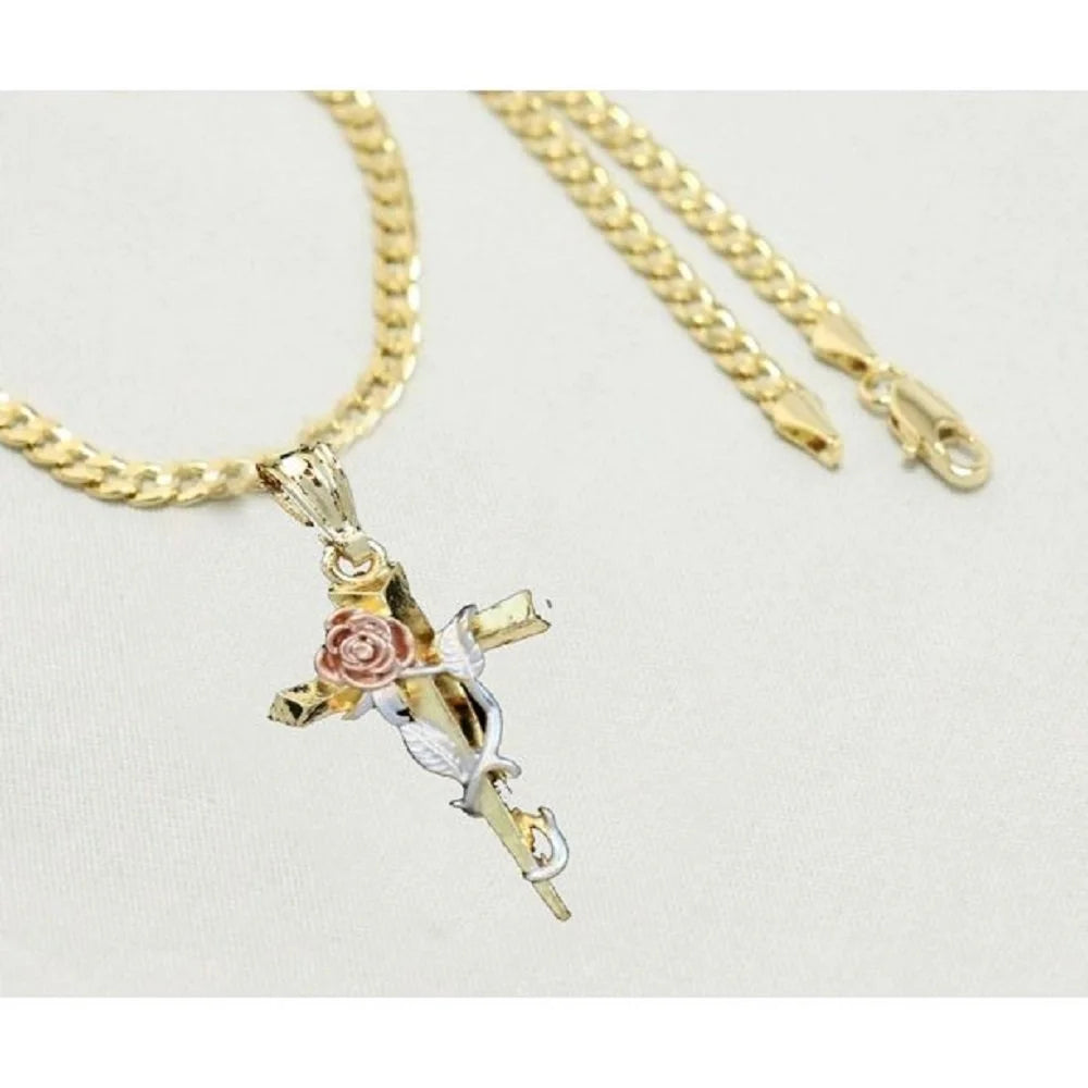 14K Bonded Gold Cuban Chain Necklace with Rose Cross Charm W490