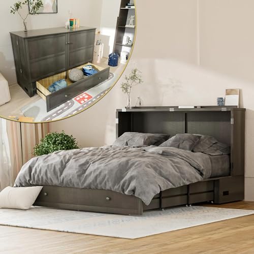 Grey Queen Size Murphy Bed with Storage Drawer H6543