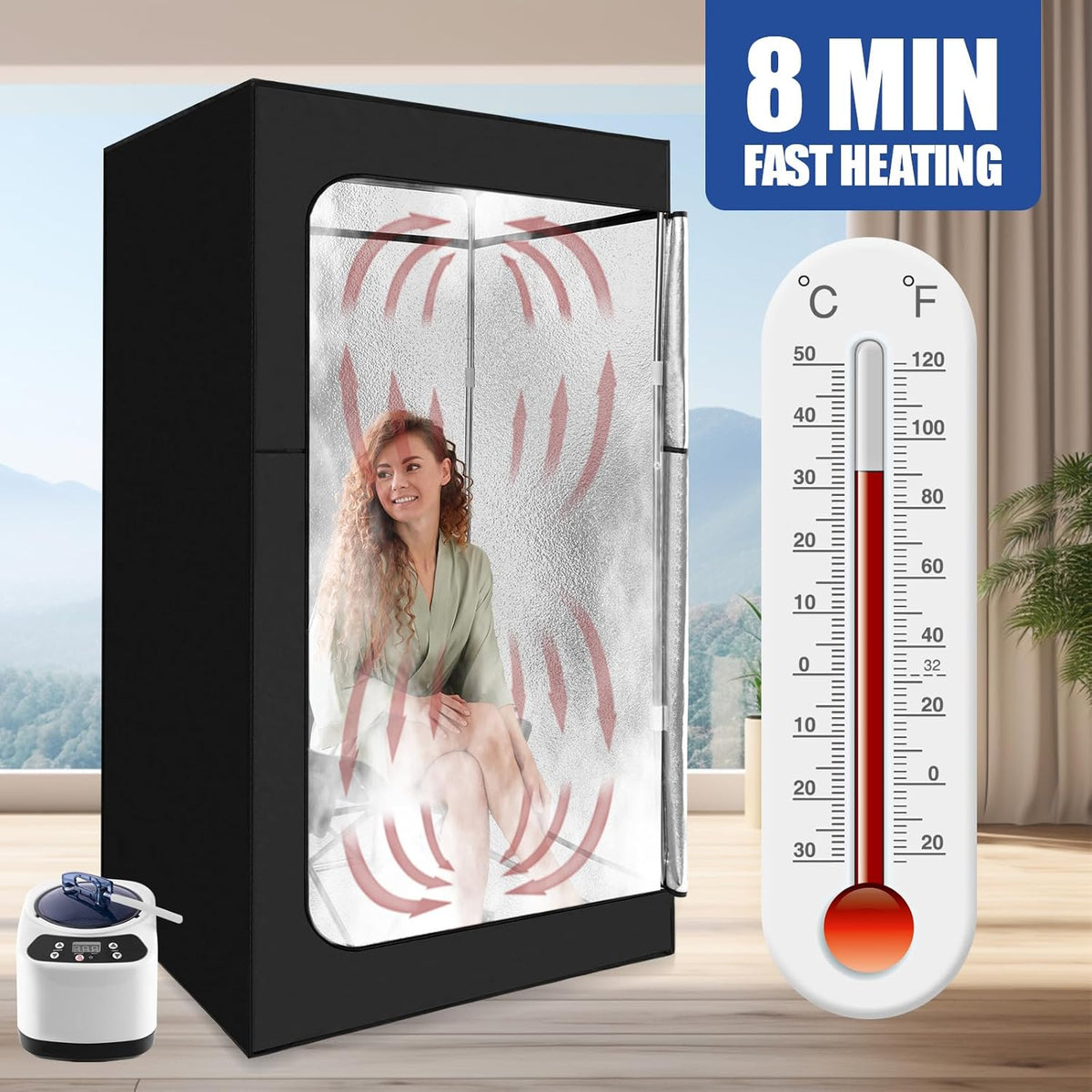 Black 600D Canvas Steam Sauna Tent with Steamer and Foldable Chair U7763