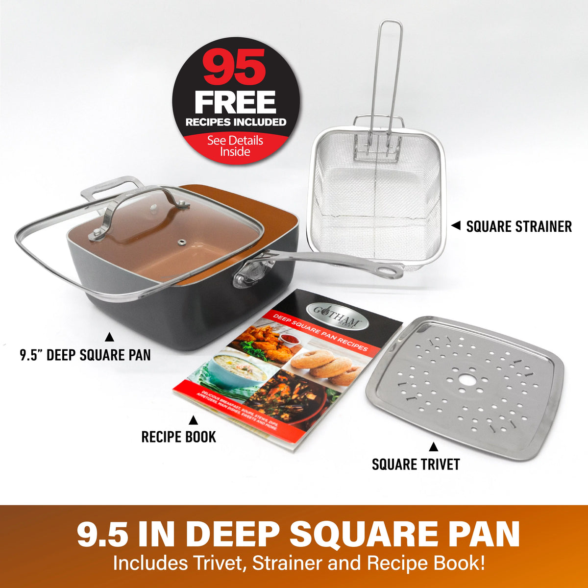 6 Quart Nonstick Copper Casserole Chef’s Pan & Stock Pot 4 Piece Set with Frying Basket and Steamer Tray J548879