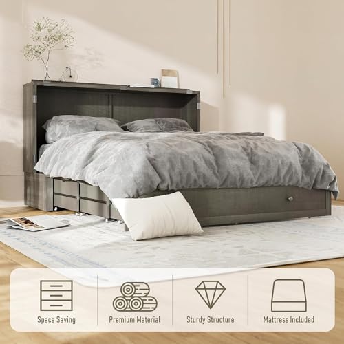 Grey Queen Size Murphy Bed with Storage Drawer H6543