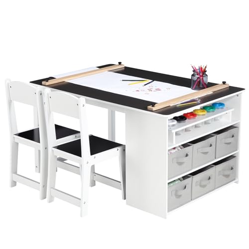 Kids Art Table and Chairs Set with Storage Desk and Art Supply Organizer V1555