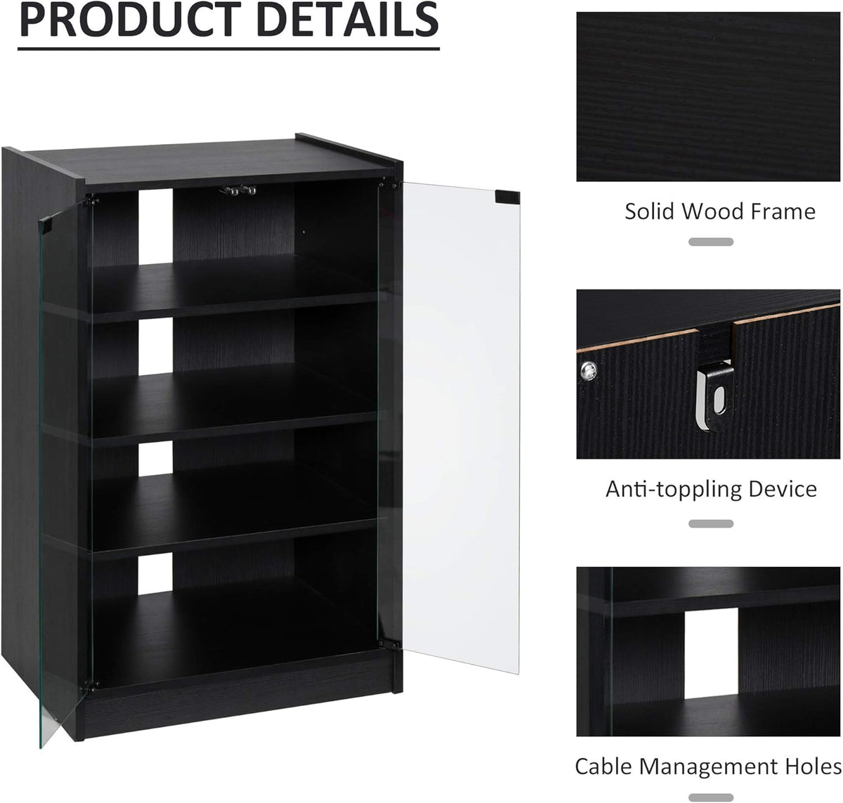 Black 5-Tier Media Stand Cabinet with Tempered Glass Doors M650092