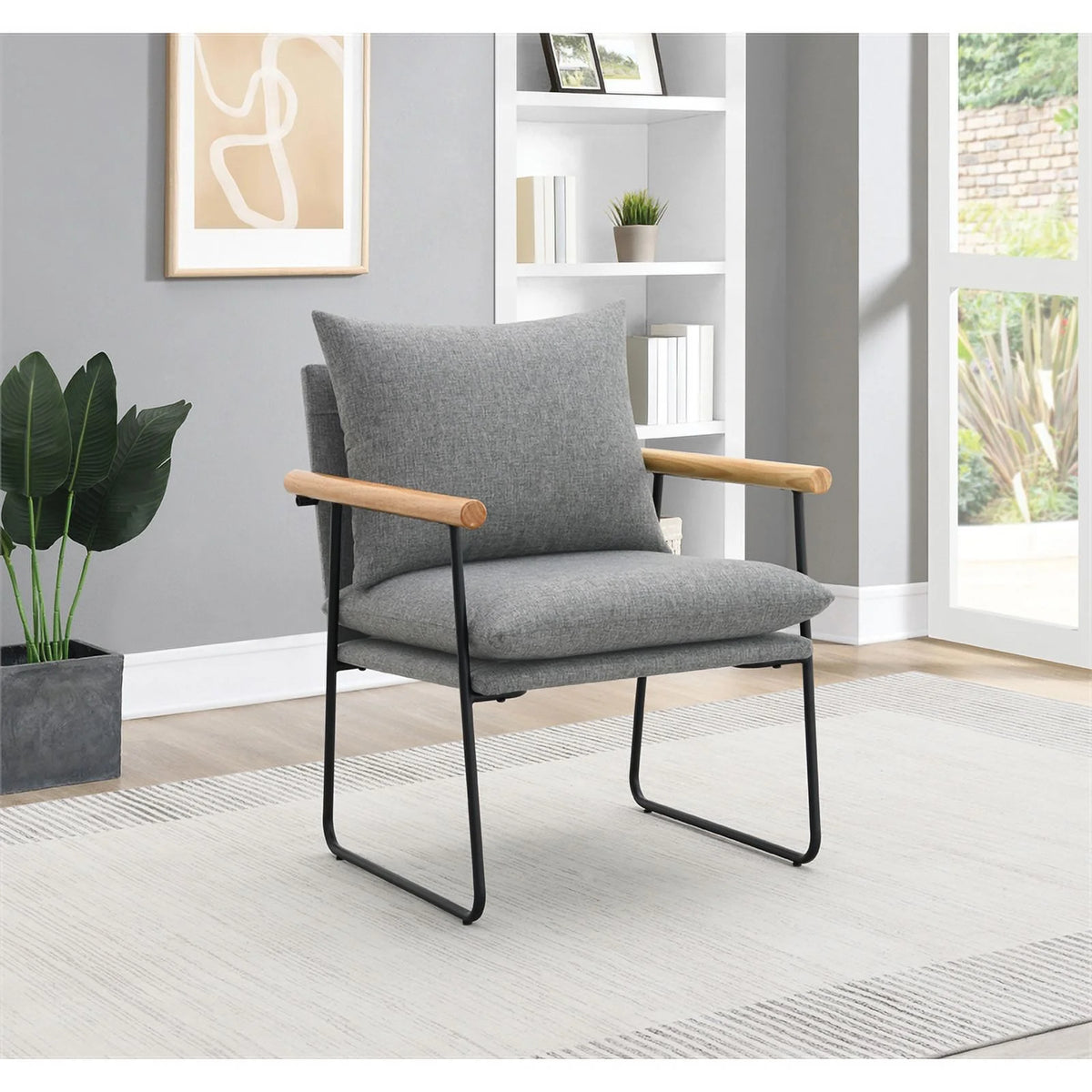 Charcoal Fabric Armchair with Natural Arms and Black Sled Base L19145