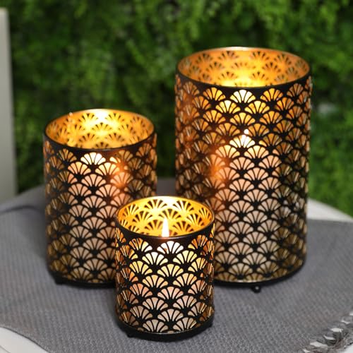 Set of 3 Metal Candle Holders Bronze Hurricane Pillar Candleholder L99366