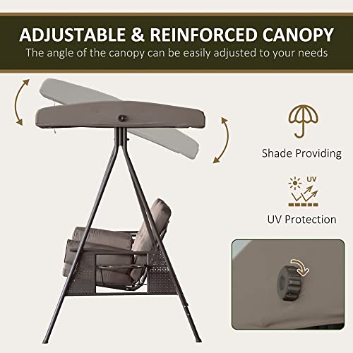 Brown 3-Seat Patio Swing Chair with Adjustable Canopy, Removable Cushion, Pillows and Side Trays T14821