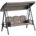 Brown 3-Seat Patio Swing Chair with Adjustable Canopy, Removable Cushion, Pillows and Side Trays T14821