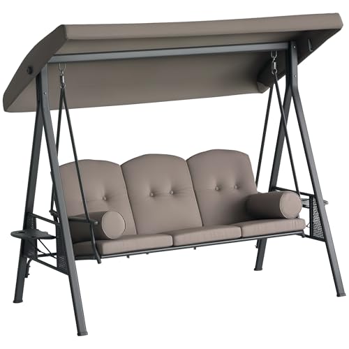 Brown 3-Seat Patio Swing Chair with Adjustable Canopy, Removable Cushion, Pillows and Side Trays T14821