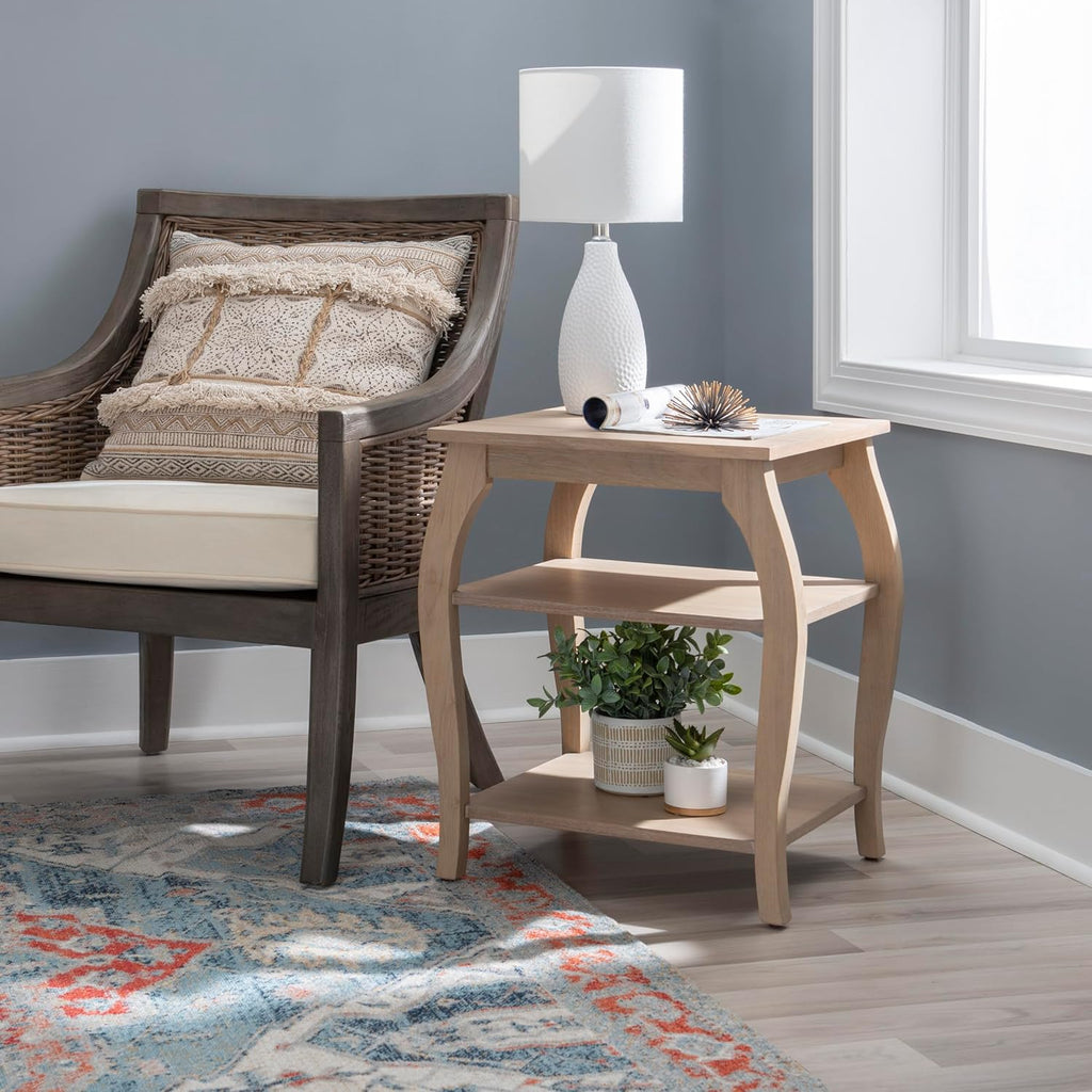Natural Wooden Side Table with Curved Legs and Two Display Shelves D5472