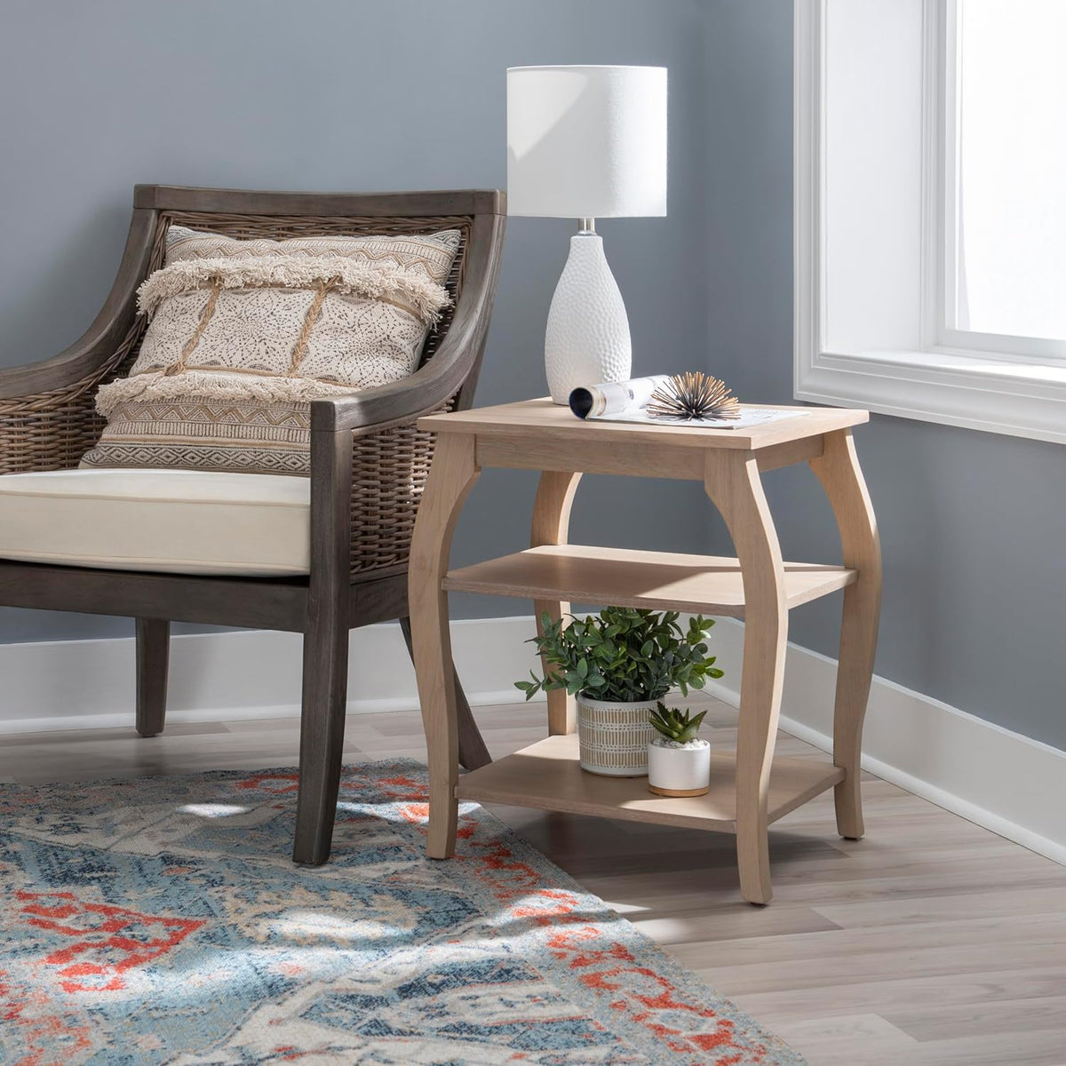 Natural Wooden Side Table with Curved Legs and Two Display Shelves D5472