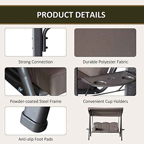 Brown 3-Seat Patio Swing Chair with Adjustable Canopy, Removable Cushion, Pillows and Side Trays T14821