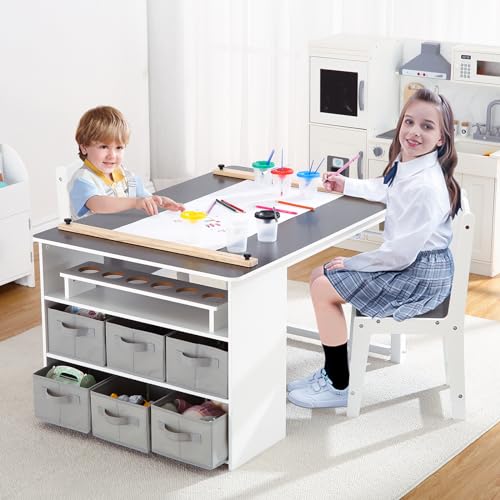 Kids Art Table and Chairs Set with Storage Desk and Art Supply Organizer V1555