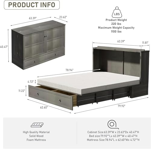 Grey Queen Size Murphy Bed with Storage Drawer H6543