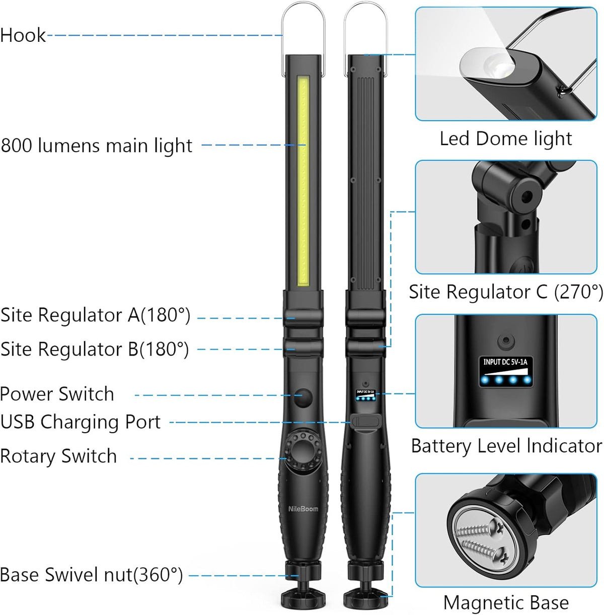 800 Lumens Foldable Rechargeable LED Work Light with Magnetic Base 4 Pack B404522