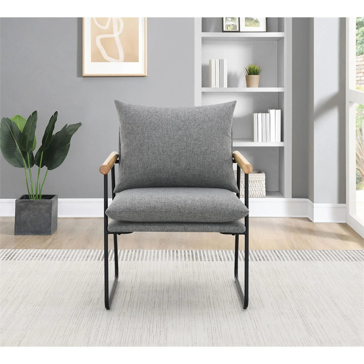 Charcoal Fabric Armchair with Natural Arms and Black Sled Base L19145