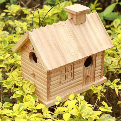 Natural Wooden Bird House 2 Hole 2 Rooms Hanging Birdhouse V958