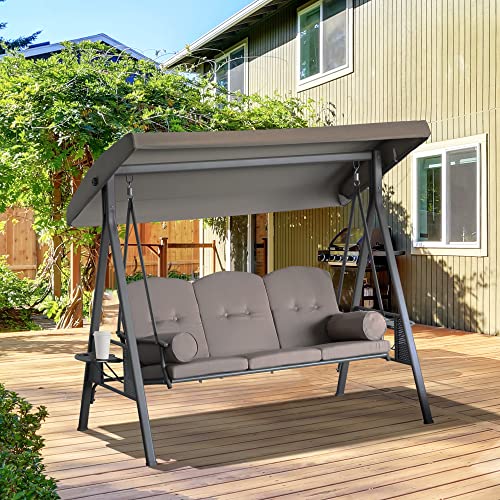 Brown 3-Seat Patio Swing Chair with Adjustable Canopy, Removable Cushion, Pillows and Side Trays T14821