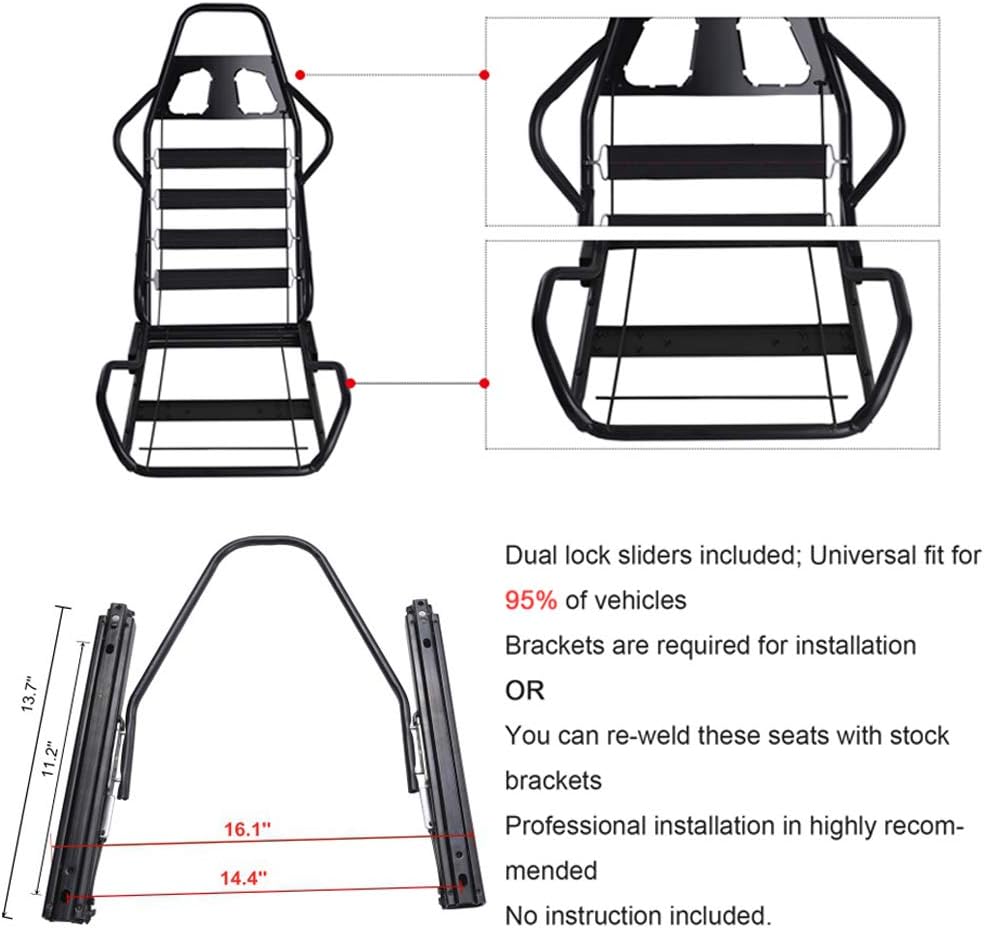 Pair of PVC Leather Racing Bucket Seats with Dual Sliders, Black F416