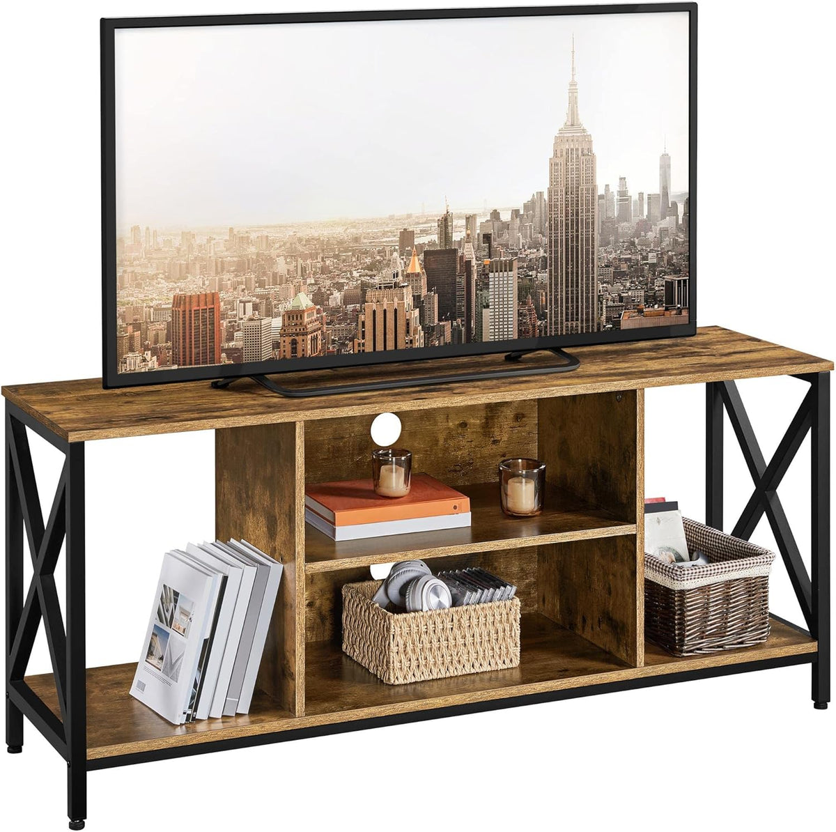 Gray Wood TV Stand with Storage Shelves L559