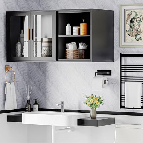 Black Over Toilet Wall Mounted Metal Cabinet with Two Glass Doors and Shelves F50821