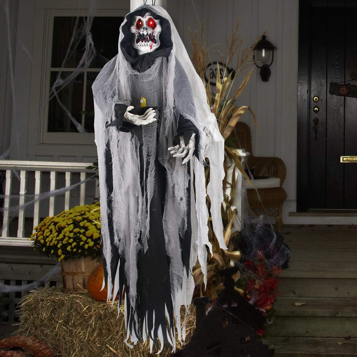 Halloween Hanging Ghost Prop, 5.5 Ft, LED Glowing Eyes, Detachable Bendable Arms, Pack of 2 L308344