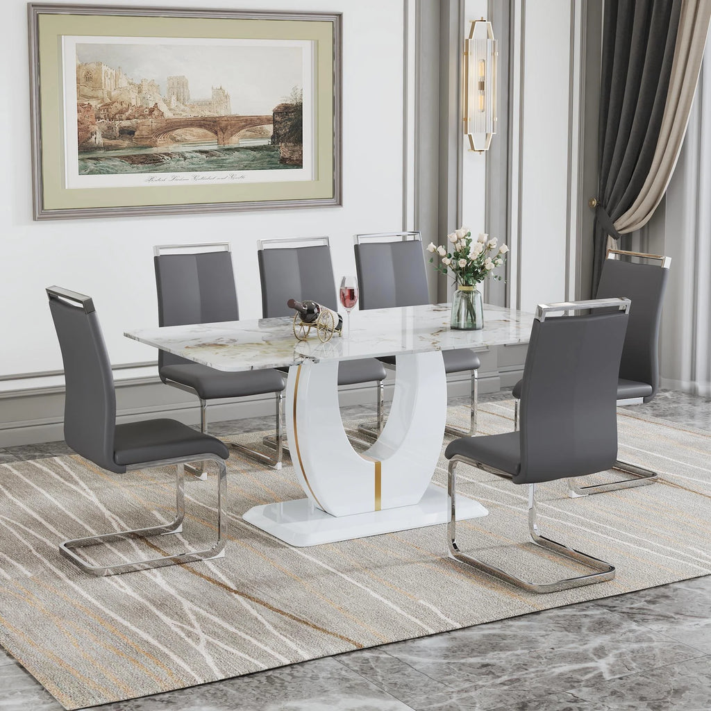 Grey 7 Piece Faux Marble Dining Table Set B113