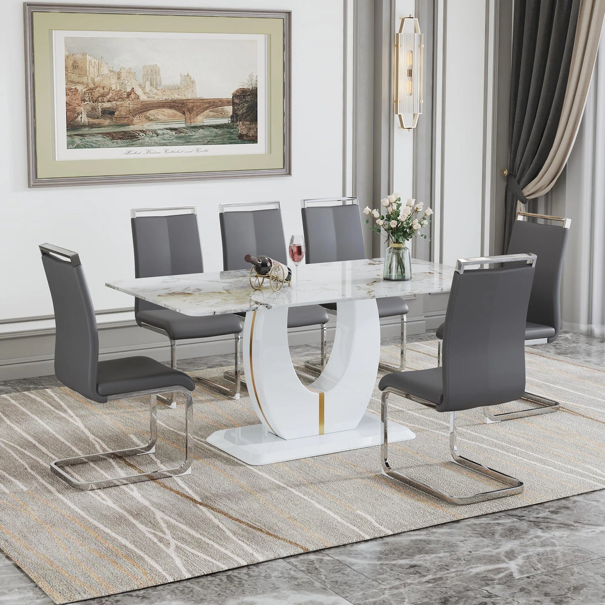 Grey 7 Piece Faux Marble Dining Table Set B113