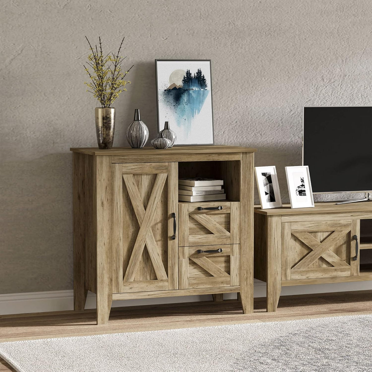 Oak Finish Sideboard with Cabinet, 2 Drawers and Open Shelf R68943