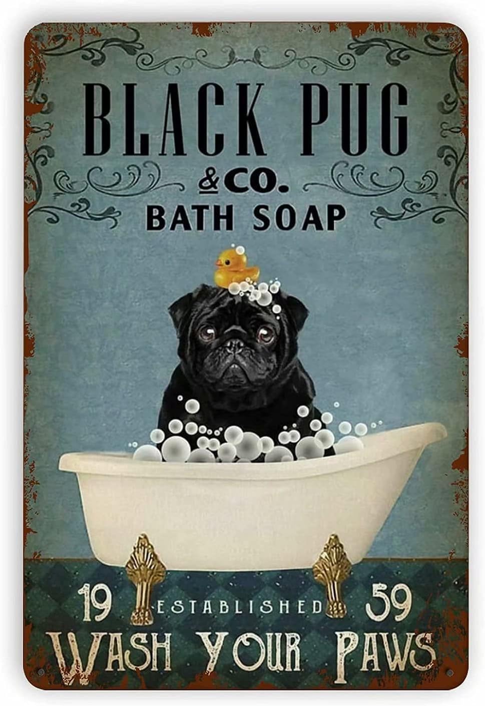 Black Pug Bathroom Metal Tin Sign 8x12 Inch M1772