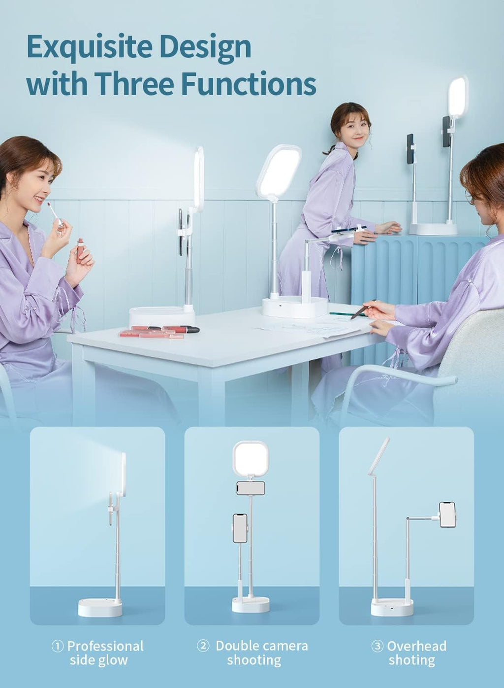 Overhead 360° Rotation Phone Stand with Two Phone Holders, Rechargeable Wireless Foldable LED Light, Pack of 2 T729