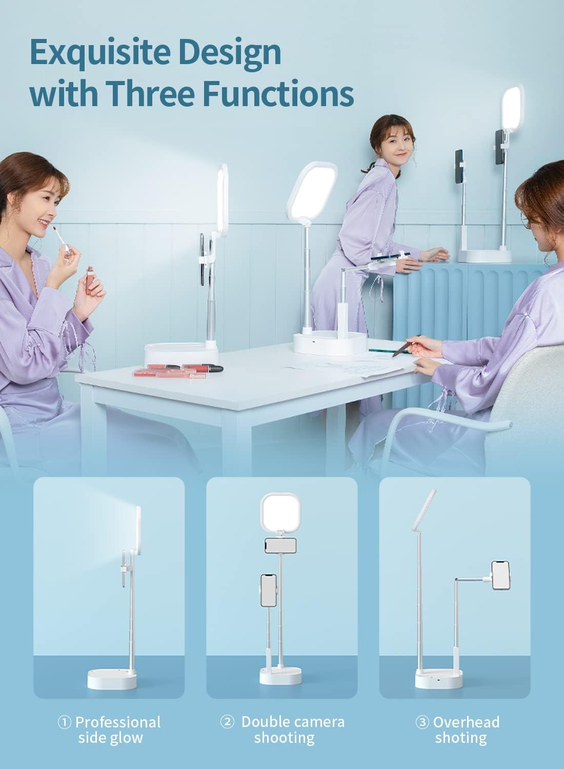 Overhead 360° Rotation Phone Stand with Two Phone Holders, Rechargeable Wireless Foldable LED Light, Pack of 2 T729