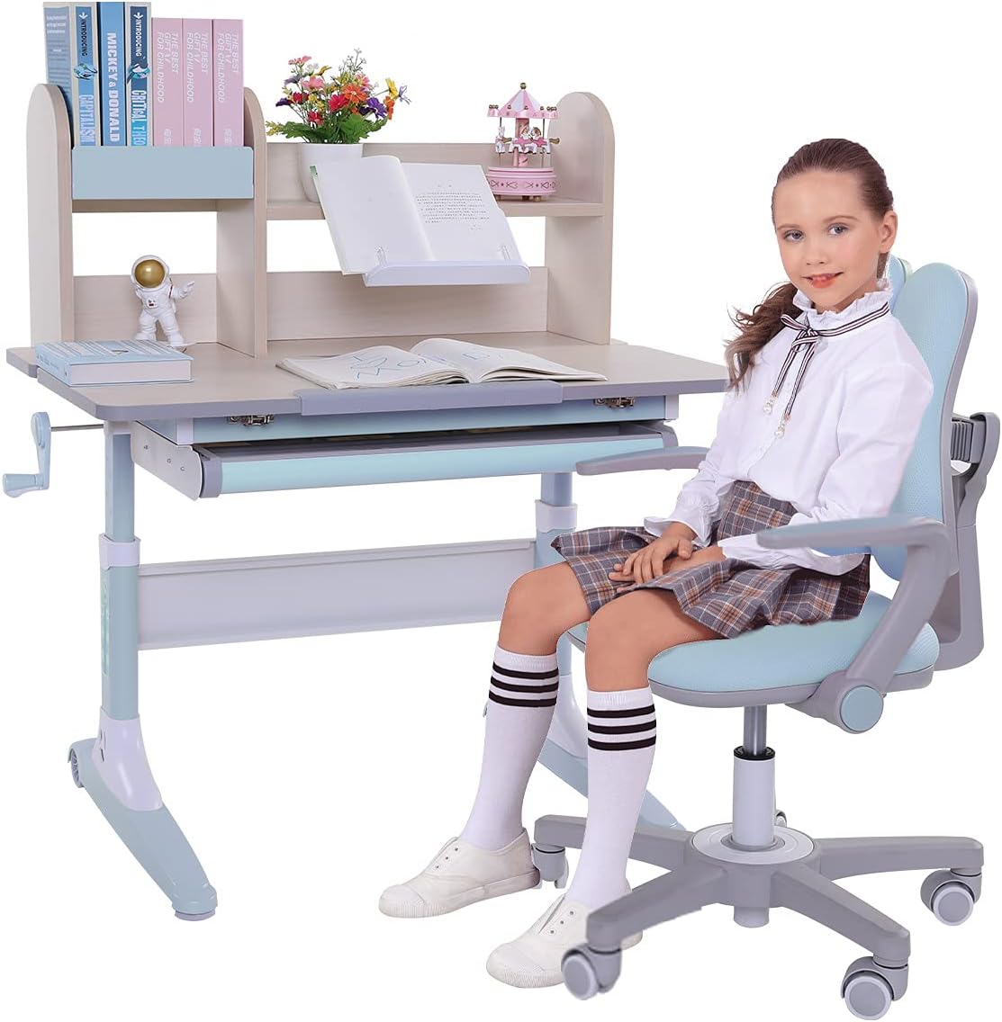Pink Height Adjustable Kids Study Desk and Chair Set with Drawer and Bookshelf K668