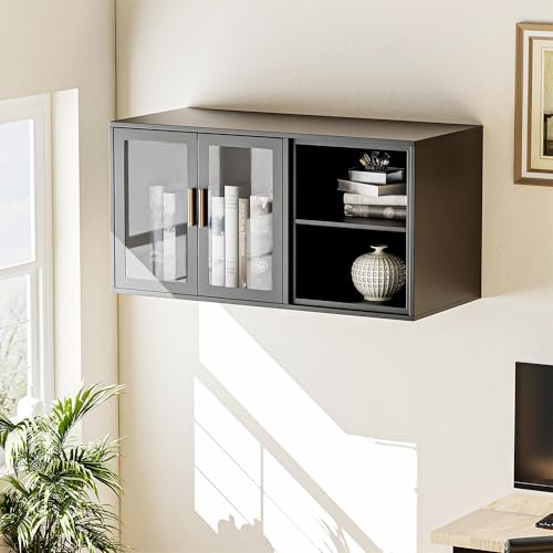 Black Over Toilet Wall Mounted Metal Cabinet with Two Glass Doors and Shelves F50821