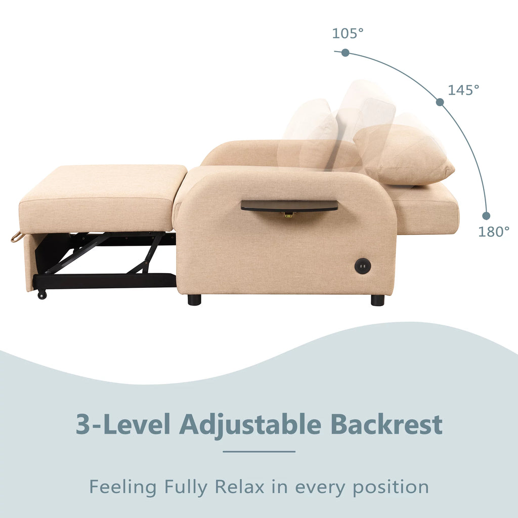 Beige 3 in 1 Pull Out Sofa Sleeper with 2 Wing Table and USB Charge E530867