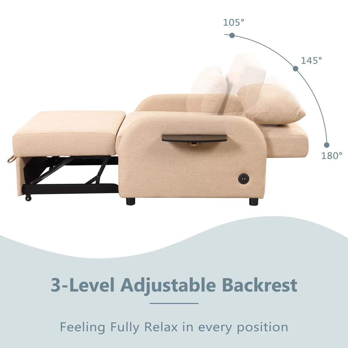 Beige 3 in 1 Pull Out Sofa Sleeper with 2 Wing Table and USB Charge E530867