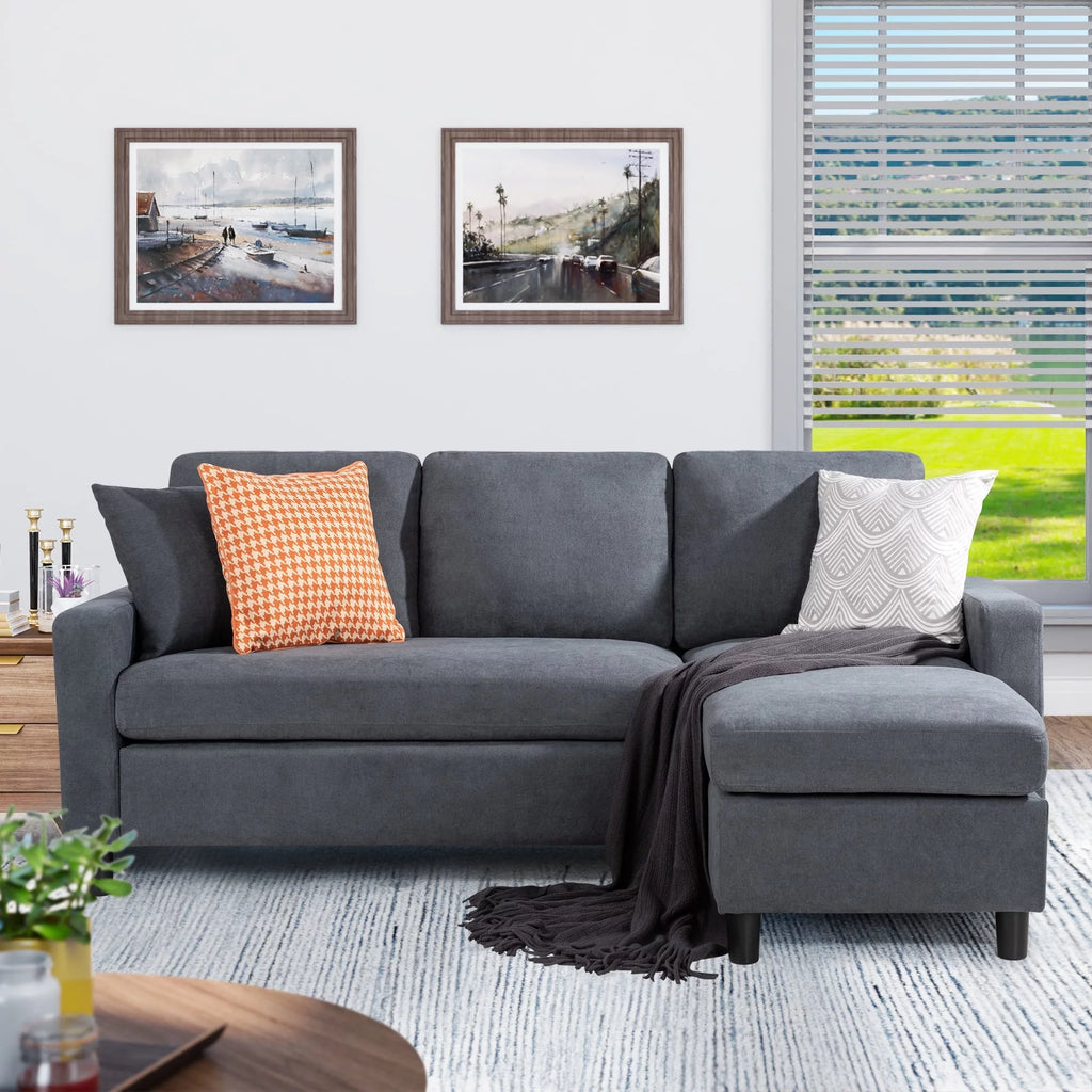 Linen Fabric Convertible L-Shaped Sectional Sofa Dark Gray U4440
