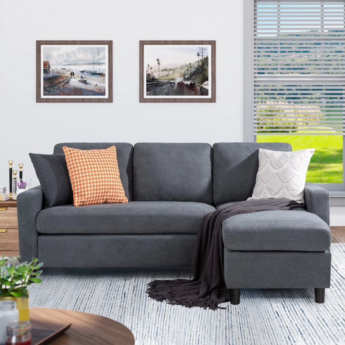 Linen Fabric Convertible L-Shaped Sectional Sofa Dark Gray U4440