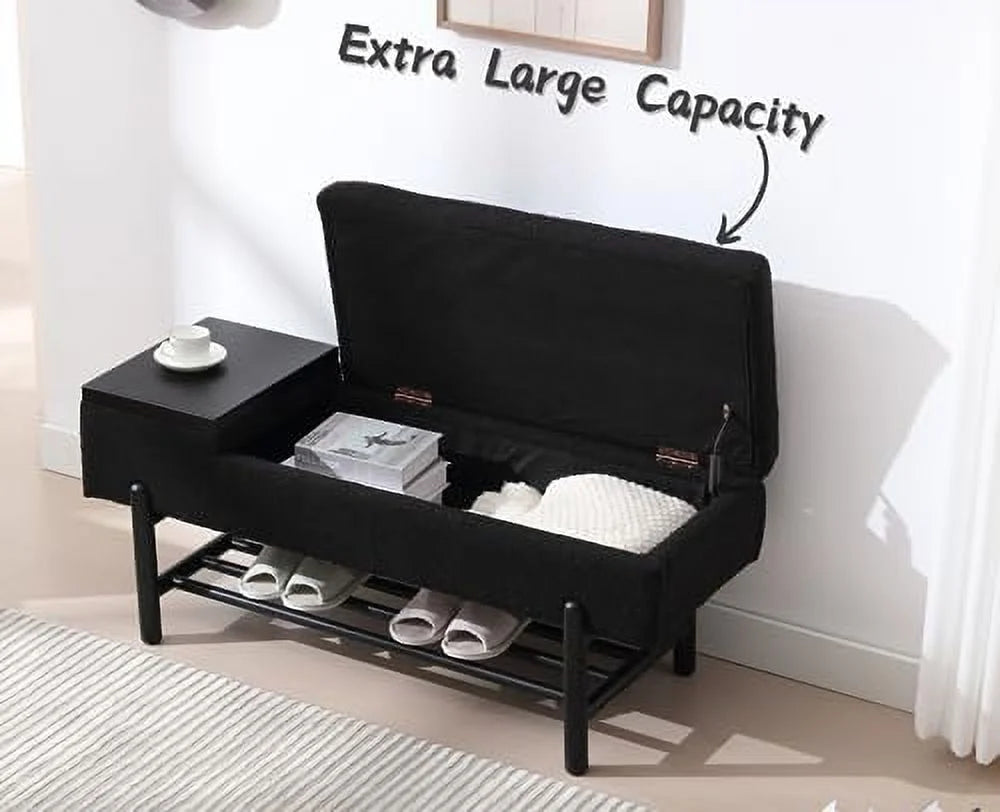 Leather Ottoman Bench with Wood Shoe 45 Inches PU Black W1646