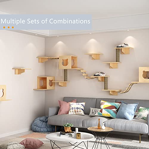 Solid Wood Wall Mounted Cat Shelves and Perches with 4 Cat Condos, 8 Shelves, 2 Ladder, 3 Sisal Cat Scratching Post I389555