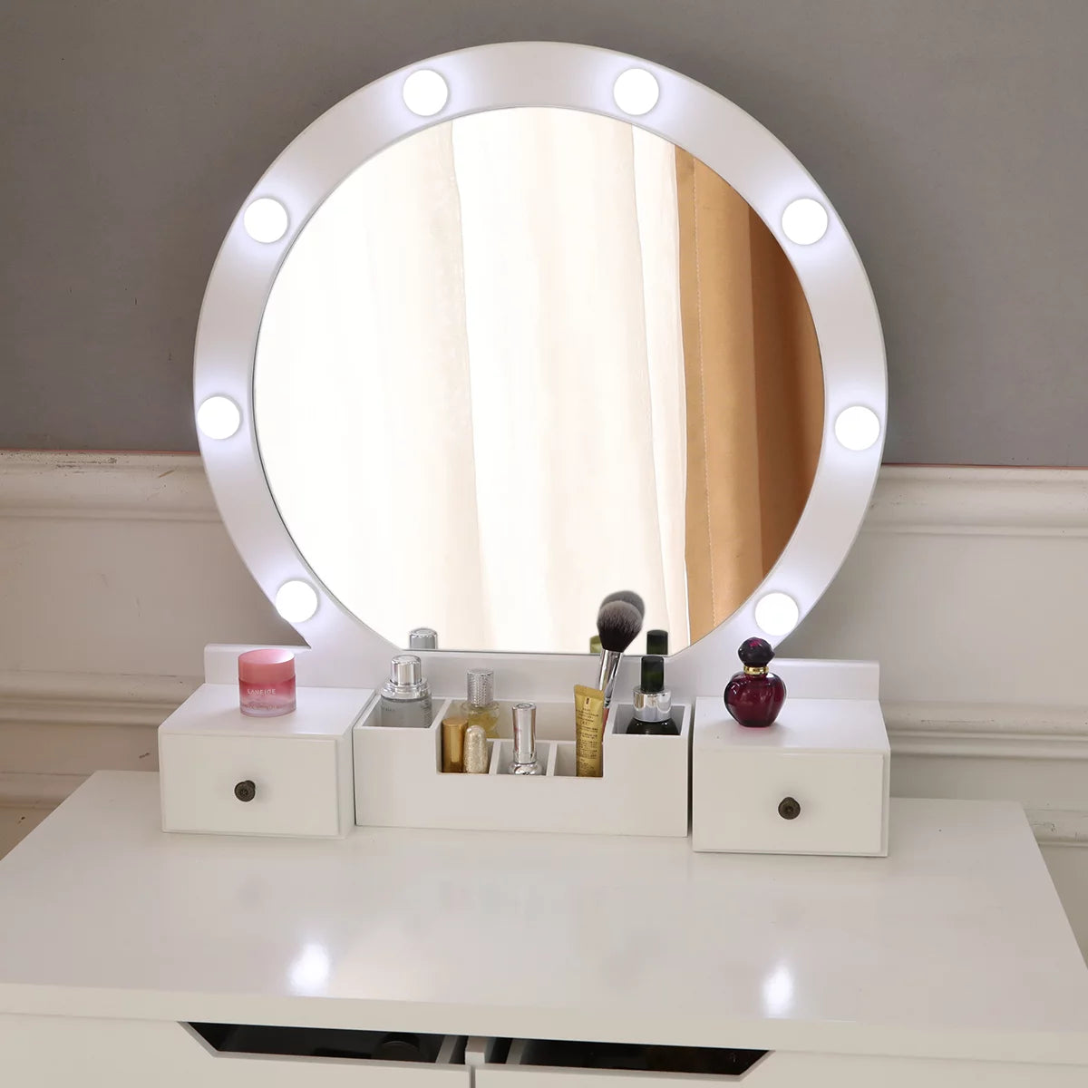 White Wooden Dressing Table with Lighted Mirror and Cushioned Stool M233