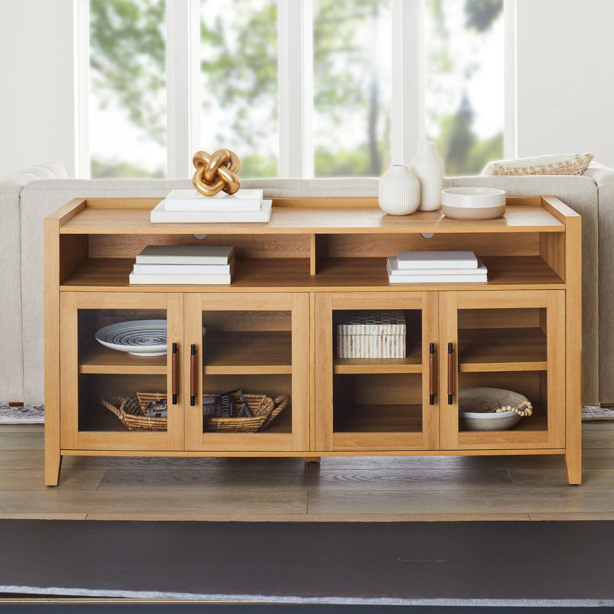 Farmhouse TV Stand for TVs up to 65, Light Honey Finish W43579